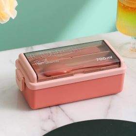 Portable Hermetic Grid Lunch Box School Children Student Bento Box With Fork Spoon Leakproof Microwavable Prevent Odor School (Color: Pink 700ml)