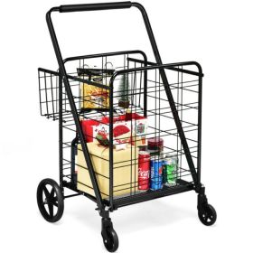 Jumbo Basket Folding Shopping Cart With Swiveling Wheels And Dual Storage Baskets (Color: Black B)