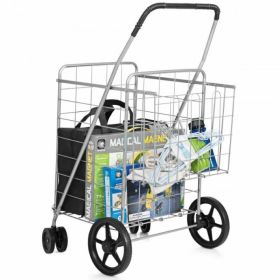 Jumbo Basket Folding Shopping Cart With Swiveling Wheels And Dual Storage Baskets (Color: Silver)